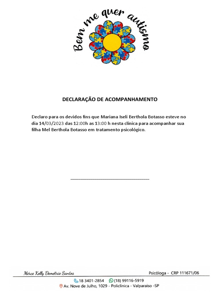 Modelo - Declaração de Acompanhamento | PDF | Bem-estar