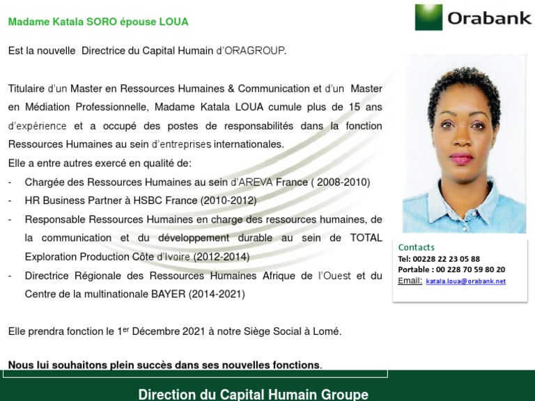 Nomination de Katala Loua à ORAGROUP | PDF | Évolution de carrière ...