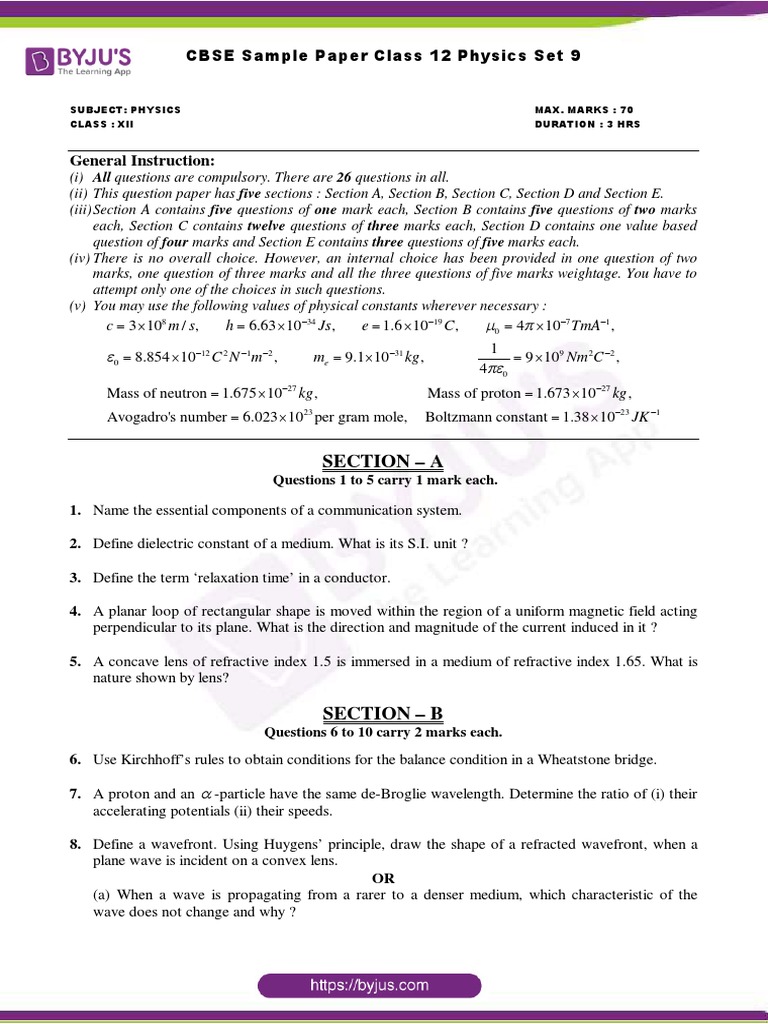 CBSE Sample Paper Class 12 Physics Set 9: Section - A | PDF | Waves ...