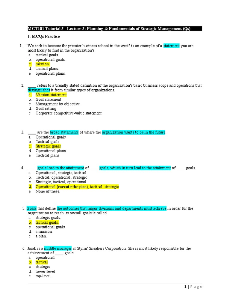 3a. MGT101 Week 4 Tutorial 3 Qs | PDF | Goal | Swot Analysis