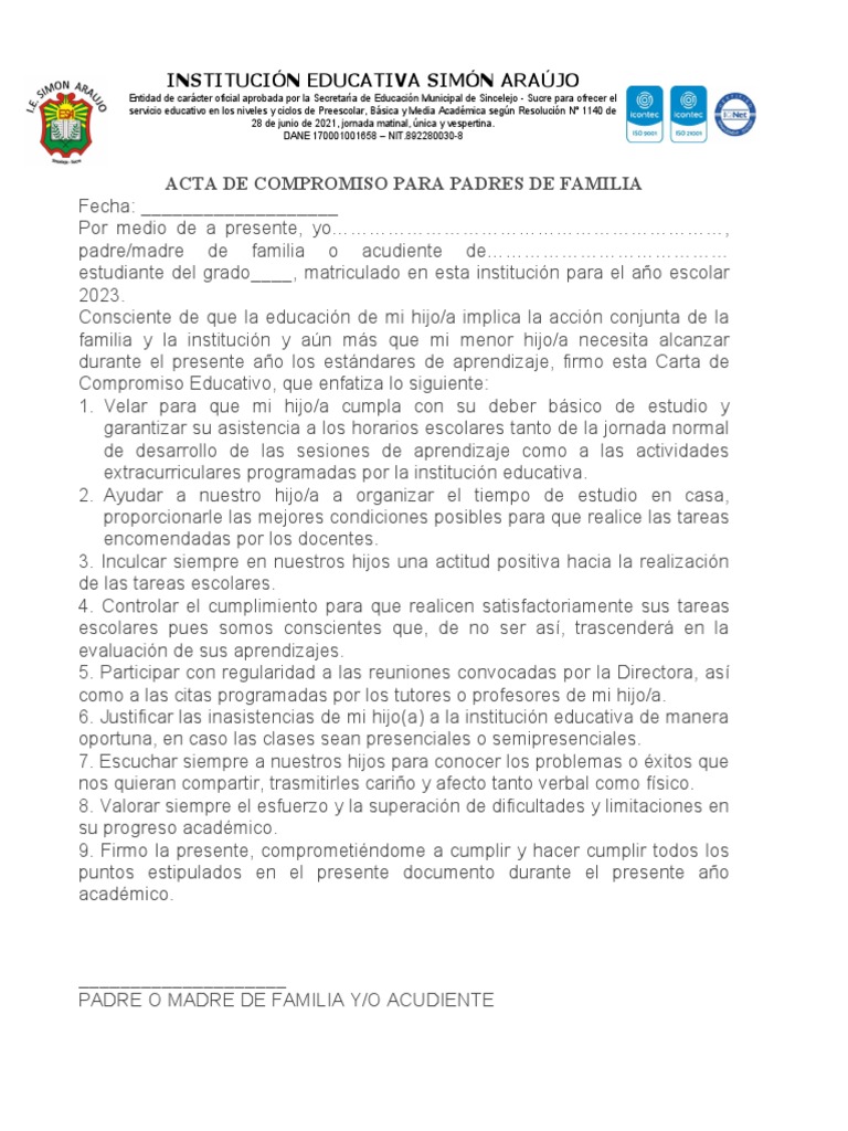Acta de Compromiso para Padres de Familia 2023 | PDF | Educación de la ...