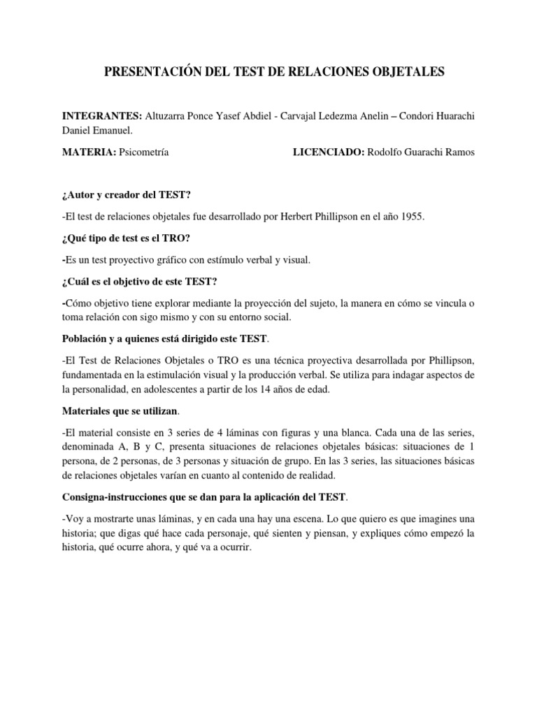 Presentación del Test de Relaciones Objetales | PDF