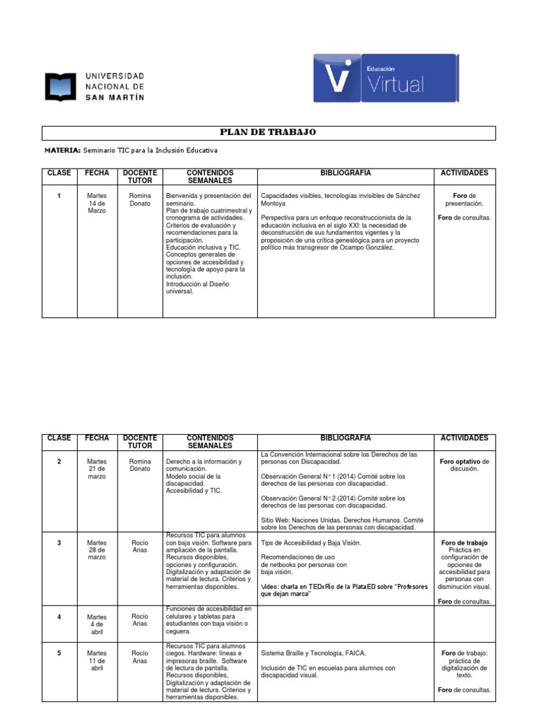 Plan de Trabajo para Inclusión Educativa | PDF | Inclusión (Educación ...