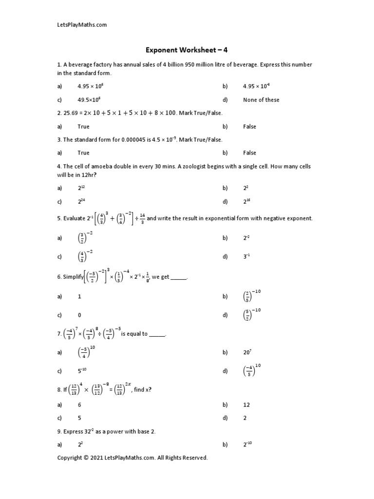 Exponents and Powers Worksheet-4 | PDF | Exponentiation | Mathematical