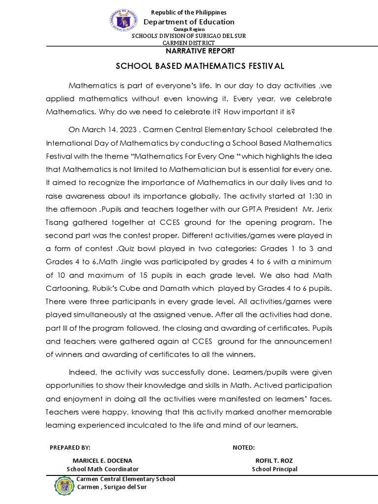Narrative Report on Math Festival | PDF | Mathematics | Learning