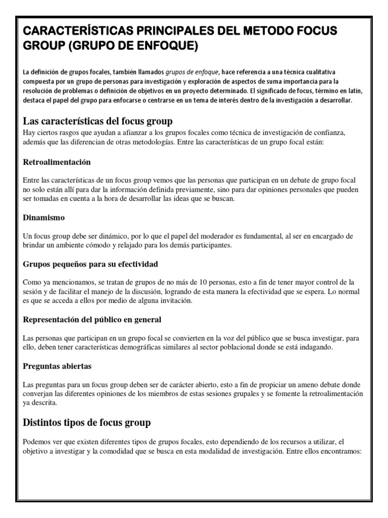 Act 3 Características Principales Del Metodo Focus Group | PDF | Grupo ...