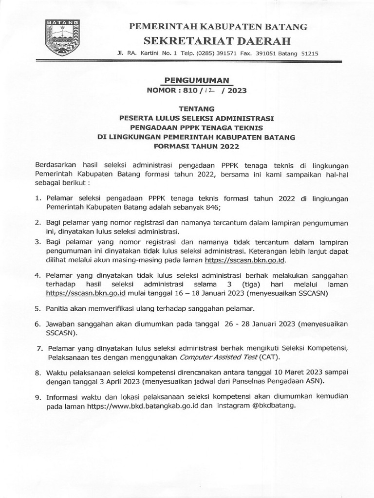 Pengumuman Lulus Administrasi P3K Teknis | PDF