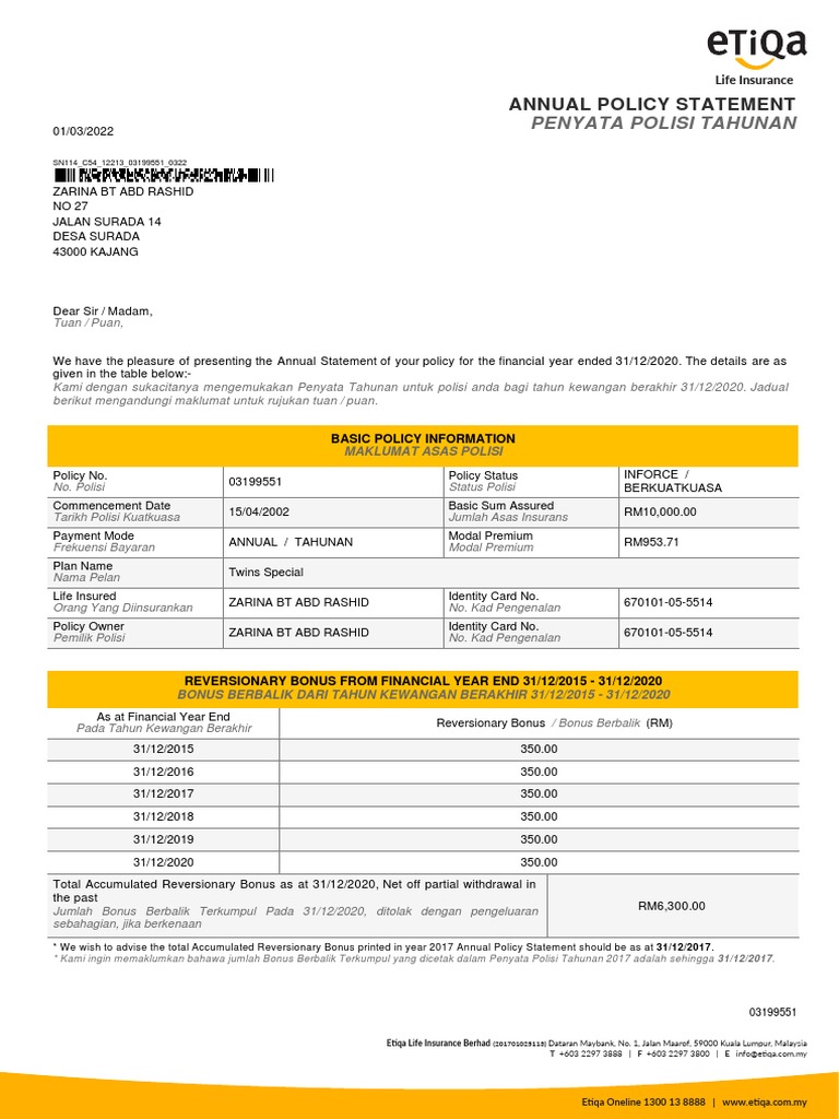 Penyata Tahunan Etiqa Takaful 2020 | PDF
