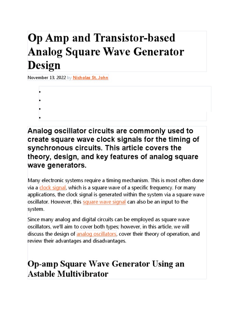 Op Amp and TransistorBased Analog Square Wave Generator Design PDF