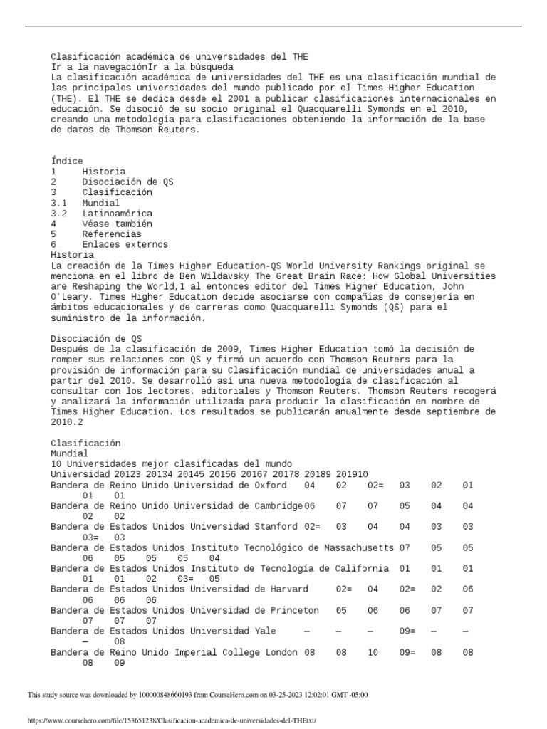 Clasificacion Academica de Universidades Del THE PDF Evaluación