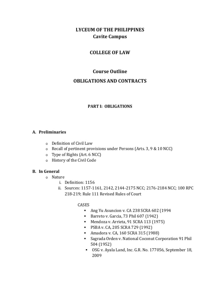 Obligations and Contracts Course Outline | PDF | Private Law | Common Law