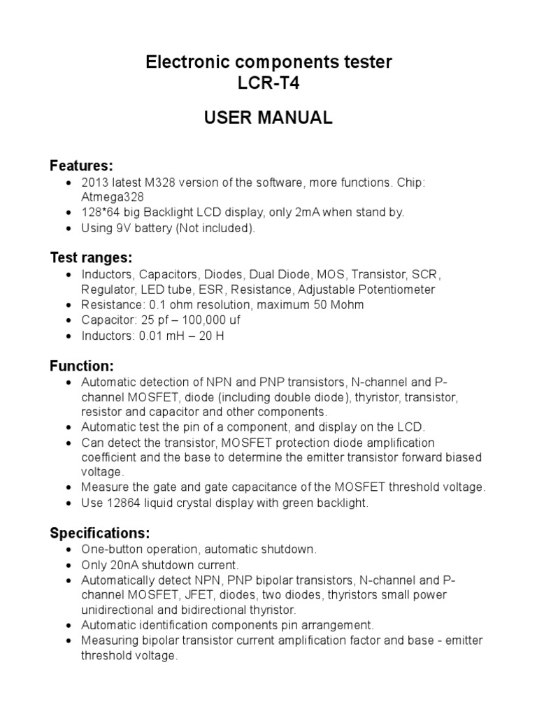 LCRT4 User Manual PDF Transistor Capacitor