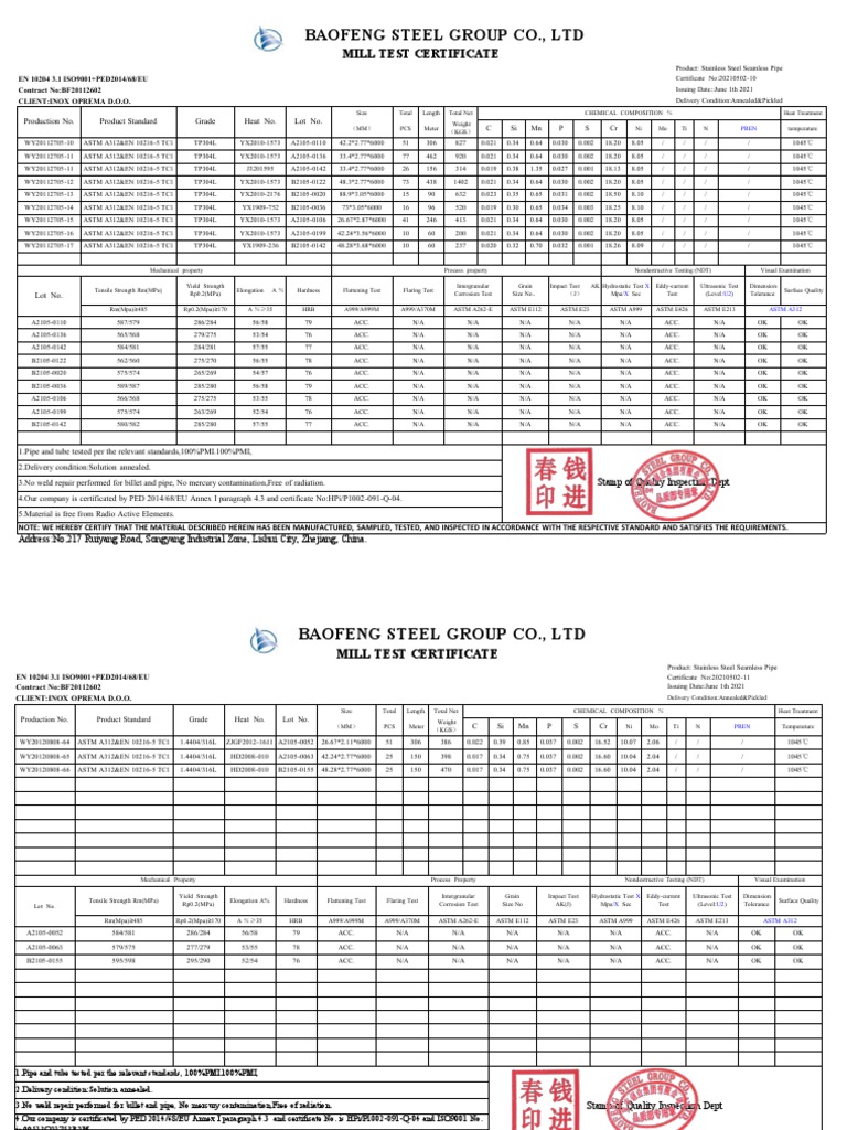 Baofeng Steel MTC for Stainless Pipes | PDF | Pipe (Fluid Conveyance ...