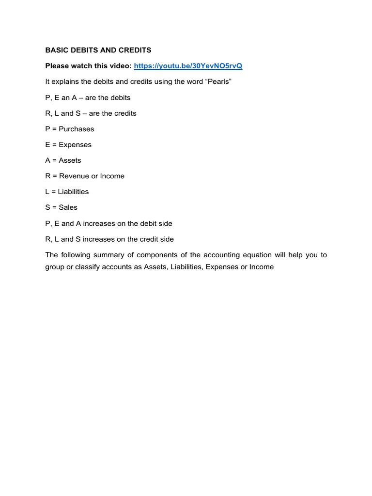 Learn Debits & Credits with Pearls PDF Debits And Credits Invoice