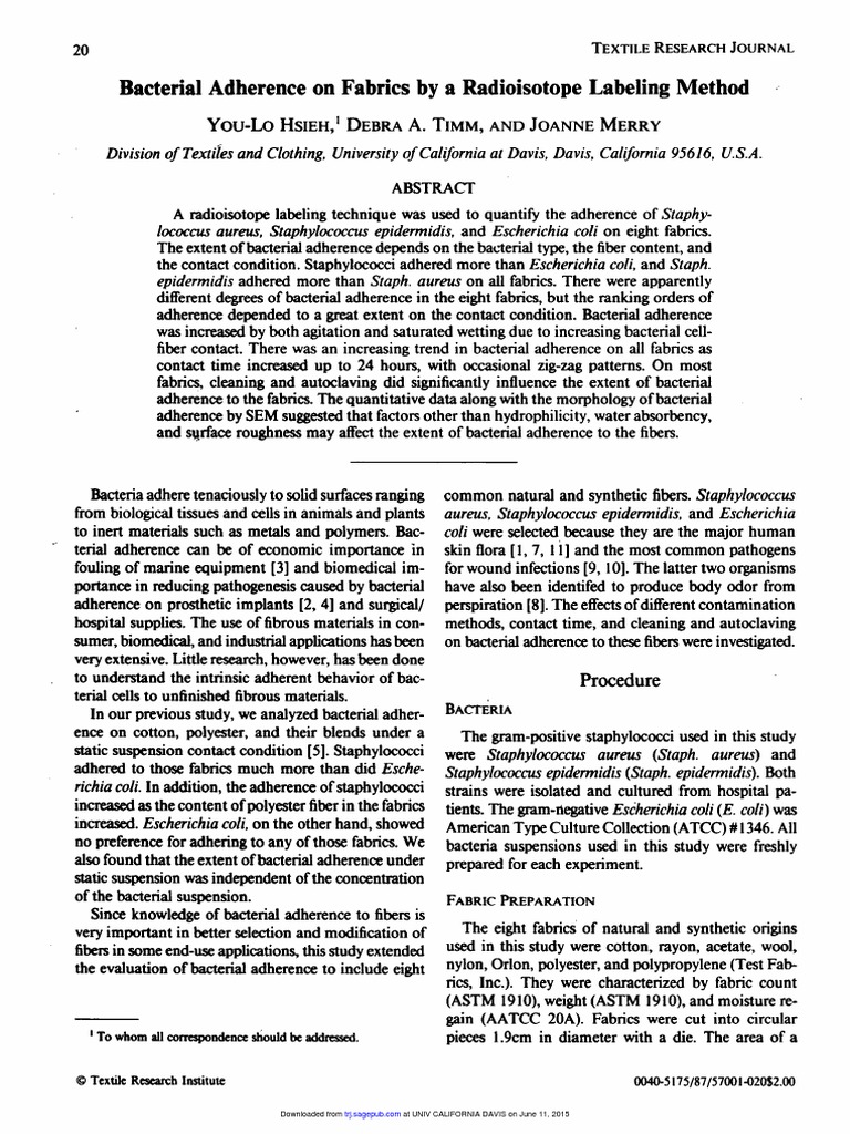 Bacterial Adherence On Fabrics by A Radioisotope Labeling Method PDF