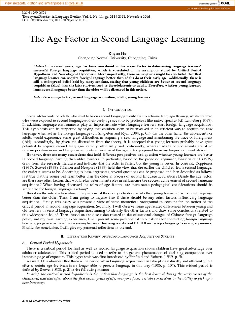 The Age Factor in Second Language Learning PDF PDF Second Language