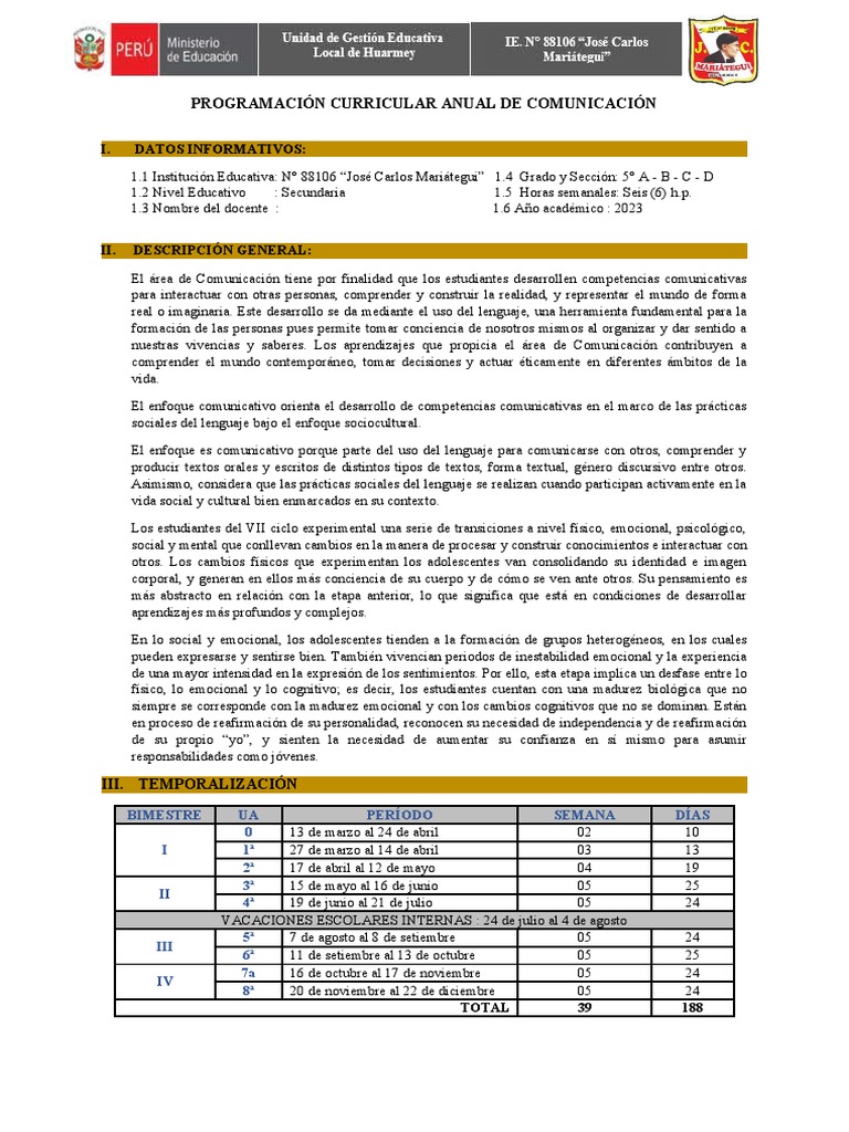 Programación Anual Comunicación 2023 | PDF | Aprendizaje | Evaluación