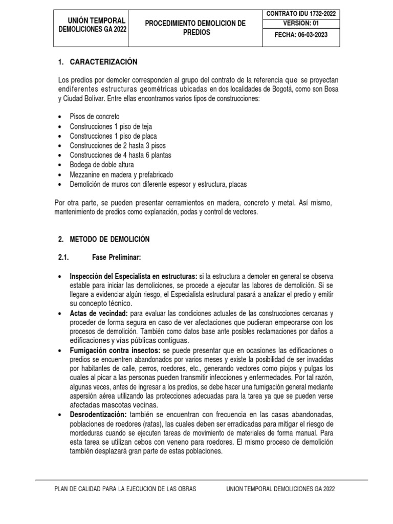 Plan de Calidad para Demolición en Bogotá | PDF | Demolición ...