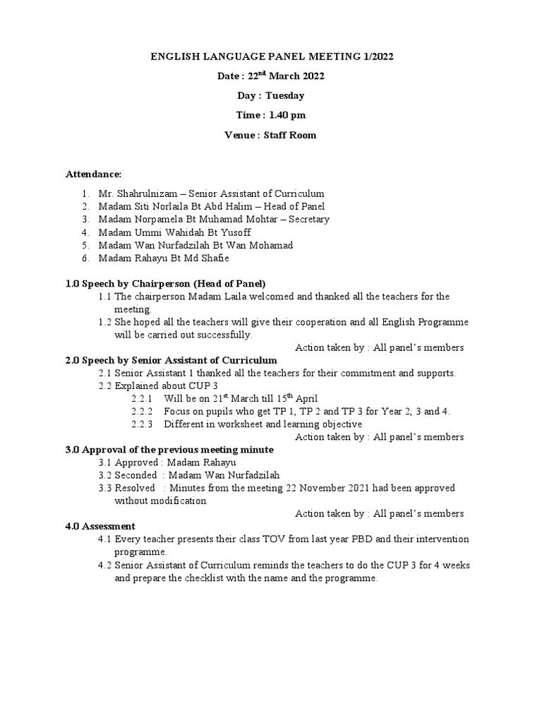 English Language Panel Meeting Minutes | PDF | Lesson Plan | Learning