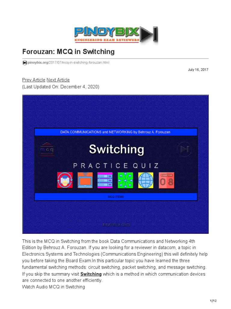 Forouzan MCQ in Switching PDF Packet Switching Computer Network