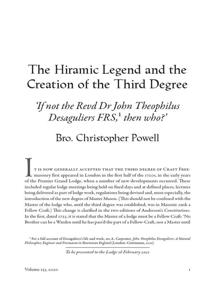 The hiramic legend and the creation of the third degree christopher