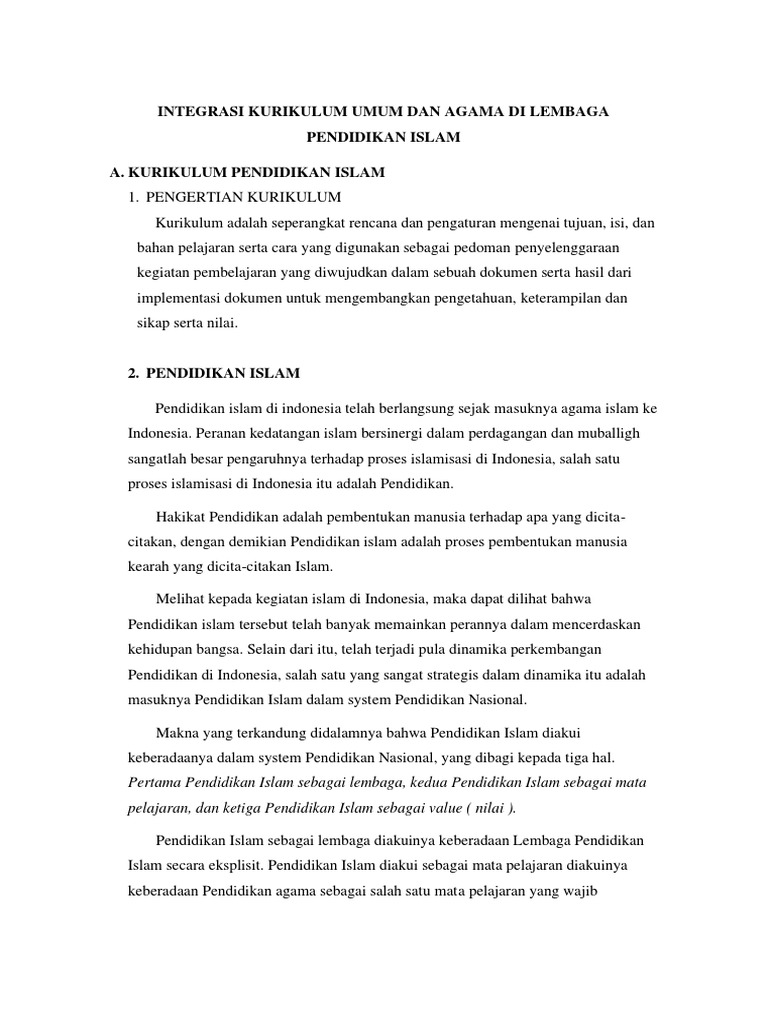 Integrasi Kurikulum Umum Dan Agama Di Lembaga Pendidikan Islam | PDF