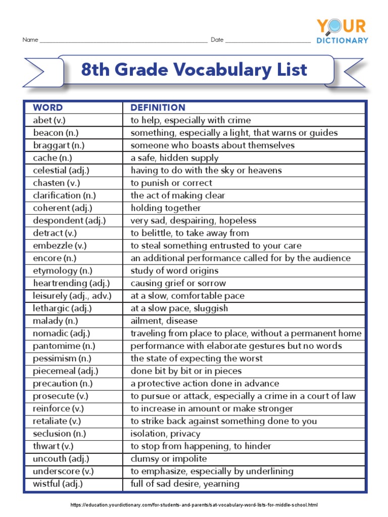 8th grade vocabulary list pdf