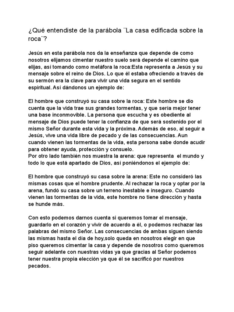 Parábola De La Casa Edificada Sobre La Roca Pdf