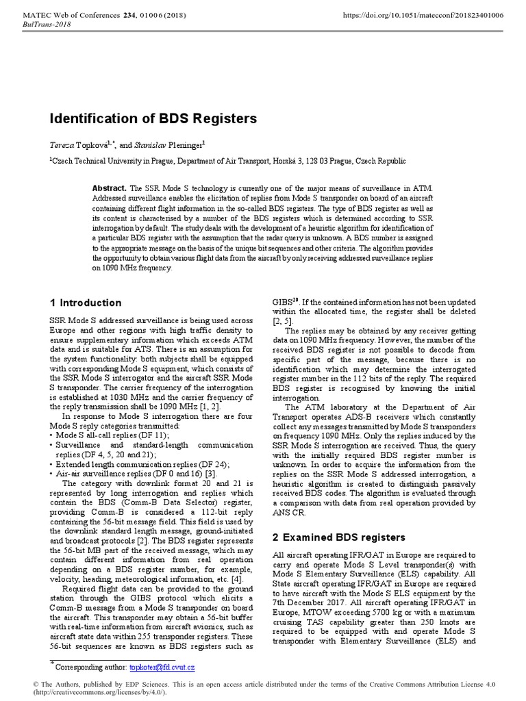 Identification of BDS Registers PDF | PDF | Transponder (Aeronautics ...