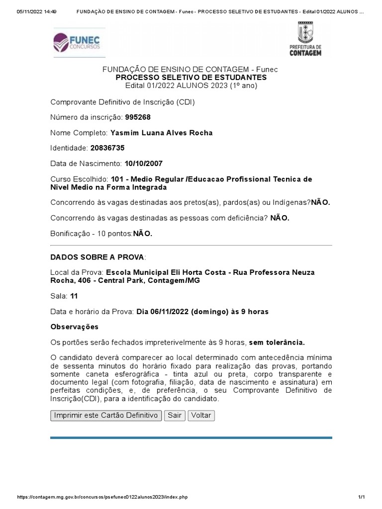 FUNDAÇÃO DE ENSINO DE CONTAGEM - Funec - PROCESSO SELETIVO DE ...