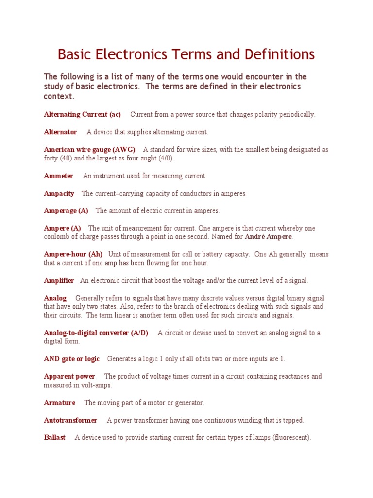 Basic Electronics Terms and Definitions PDF Voltage Electric Power