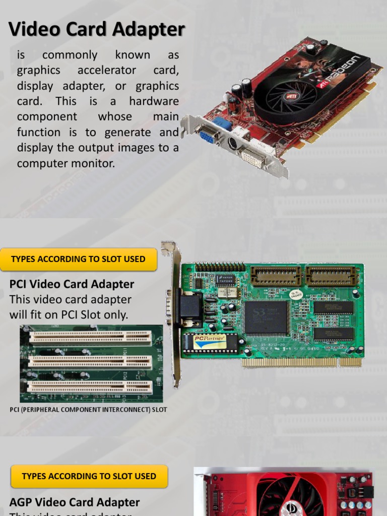 PCI-E video card, video adapter, graphics-accelerator card, display adapter  or graphics card is an expansion card whose function is to generate and  output images to a display