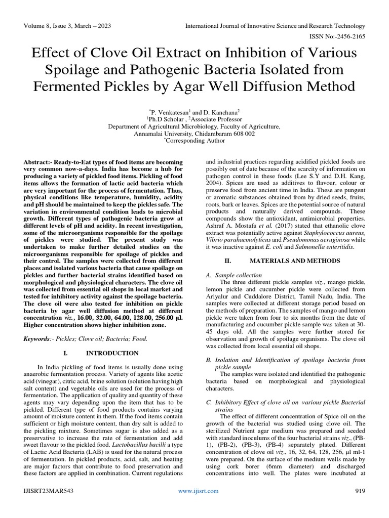 Effect of Clove Oil Extract On Inhibition of Various Spoilage and
