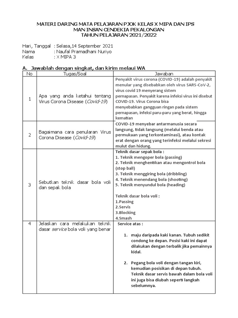 Tugas Daring Mapel Pjok Kelas X | PDF