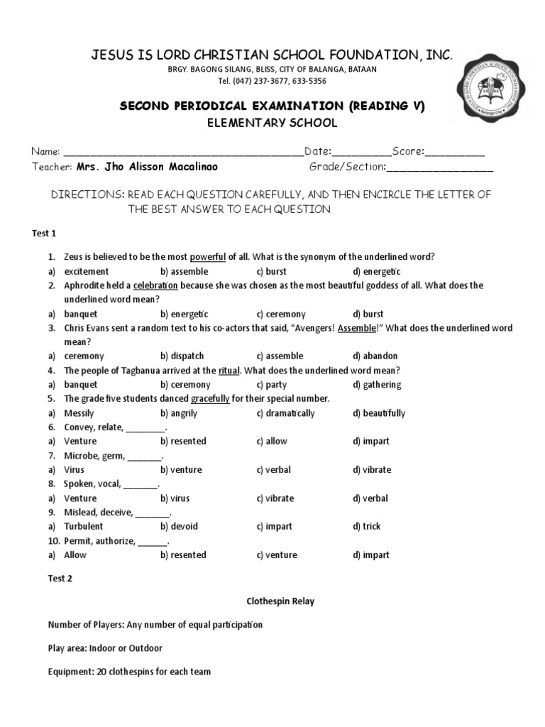 Grade 5 Periodical Test PDF Shoe Sneakers