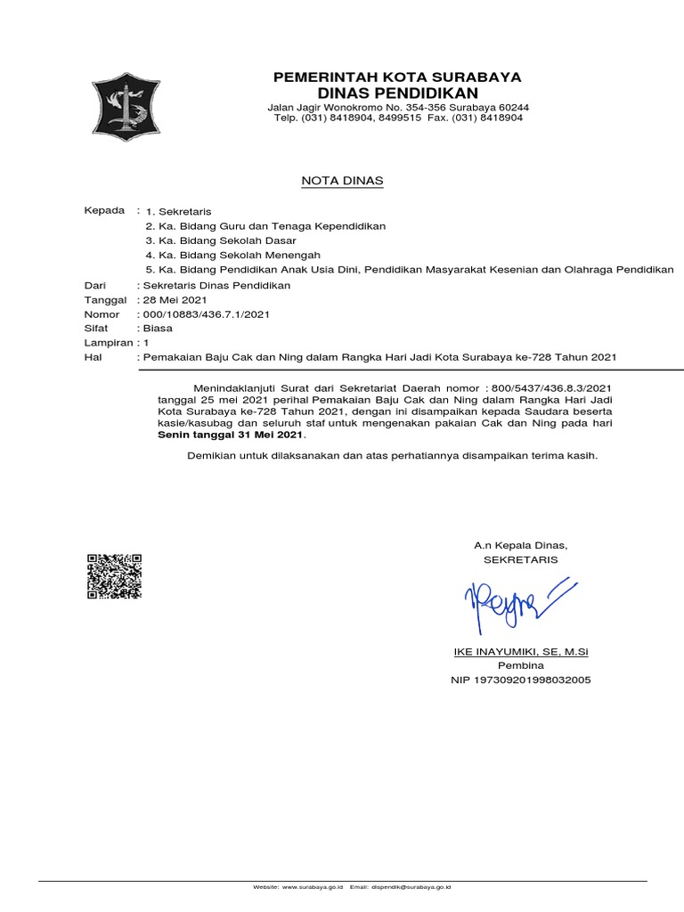 Pemakaian Baju Cak Dan Ning Dalam Rangka Hari Jadi Kota Surabaya Ke-728