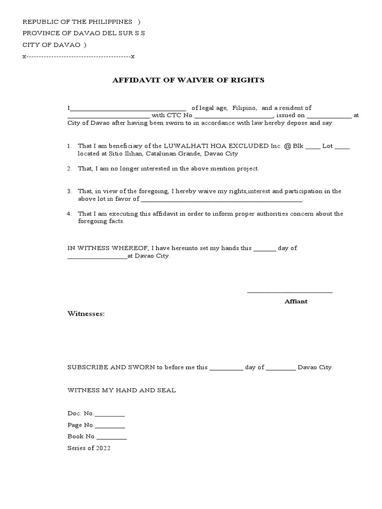 Affidavit of Waiver of Rights Sample | PDF | Business | Finance & Money ...
