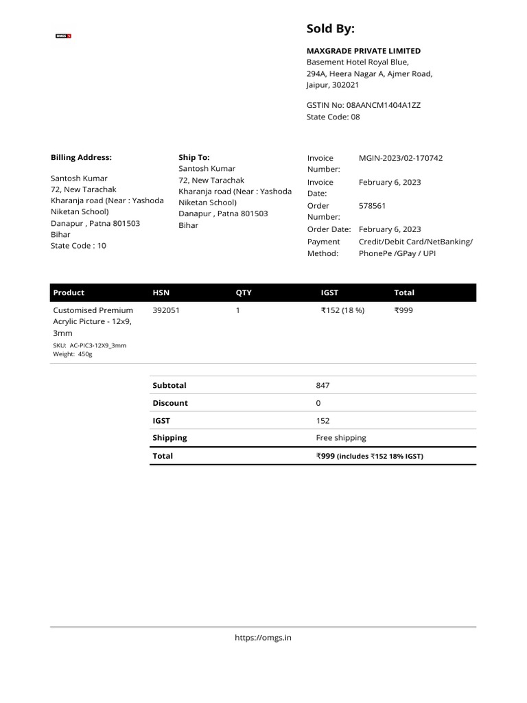 Invoice for Customized Acrylic Picture | PDF