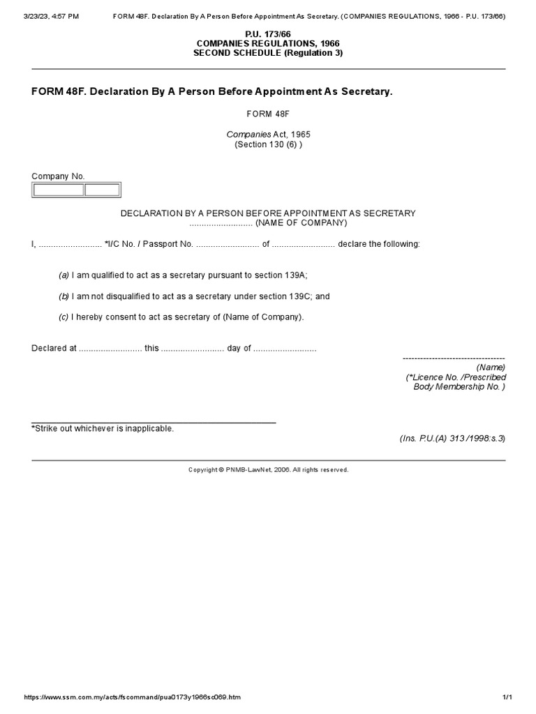 FORM 48F. Declaration by A Person Before Appointment As Secretary ...