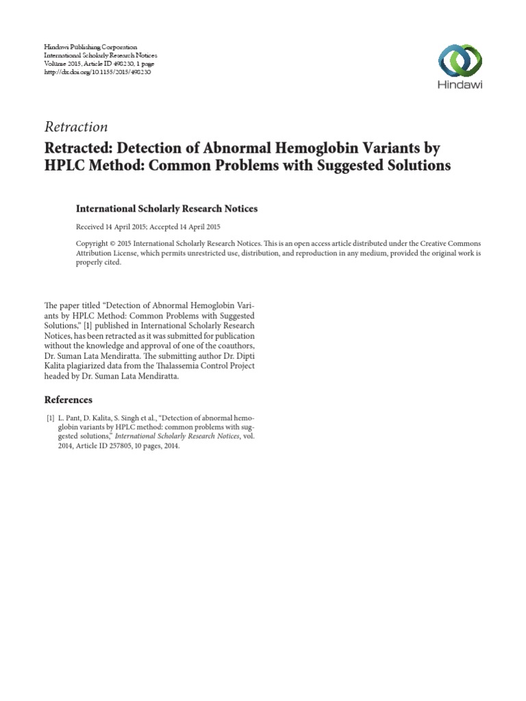Retraction Retracted Detection of Abnormal Hemoglobin Variants by HPLC Method Common Problems