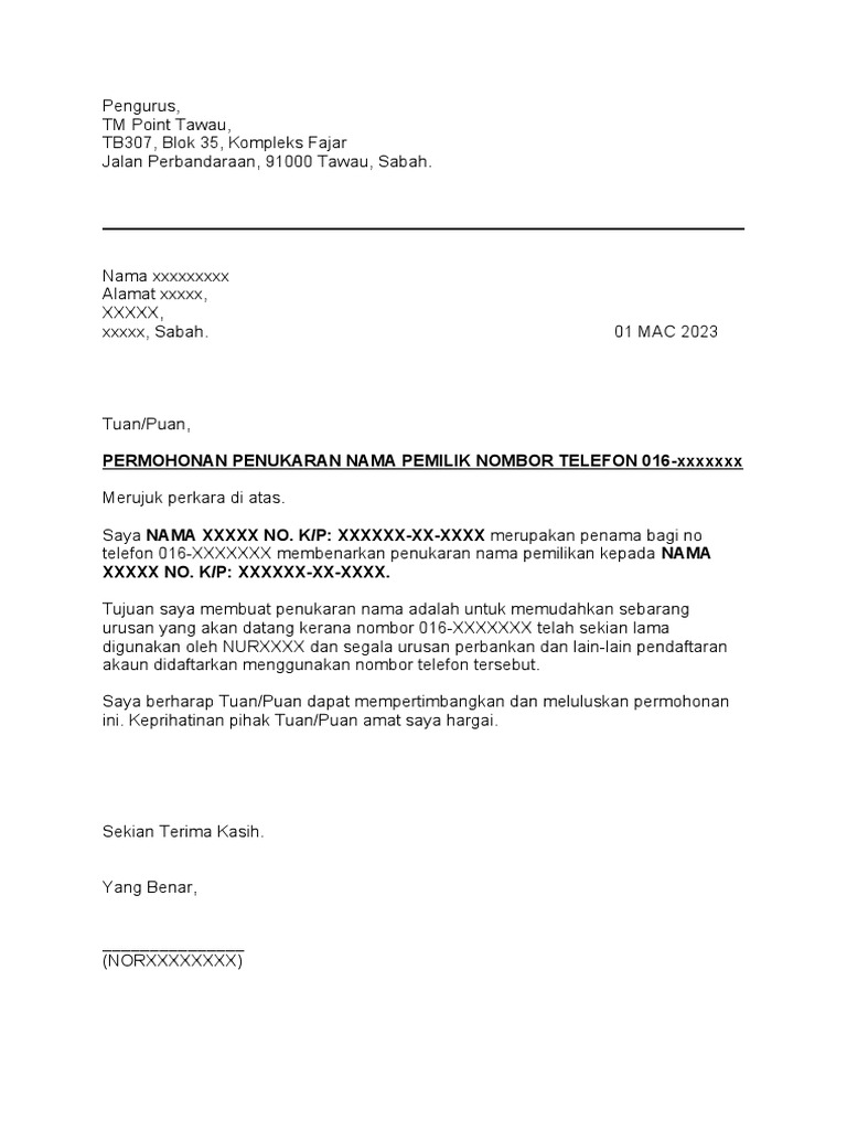 Permohonan Tukar Nama Pemilik Telefon | PDF