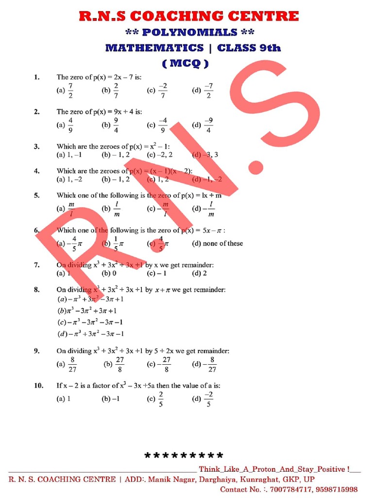 03 mcq polynomials assignment 3 class 9th rns classes pdf