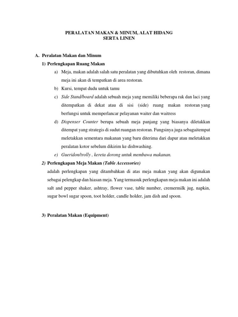Peralatan Makan Dan Minum, Alat Hidang Serta Lenan PDF | PDF
