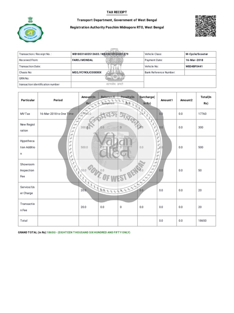 Tax Receipt Transport Department, Government of West Bengal