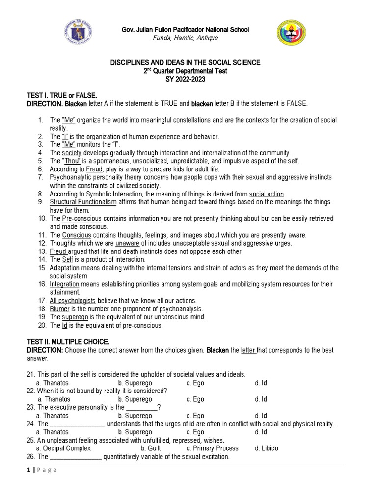 Grade 11 HUMSS 2nd Quarter Exam | PDF | Id | Oedipus Complex