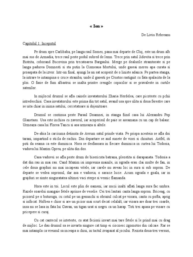 "Ion", de Liviu Rebreanu Rezumat Pe Capitole PDF