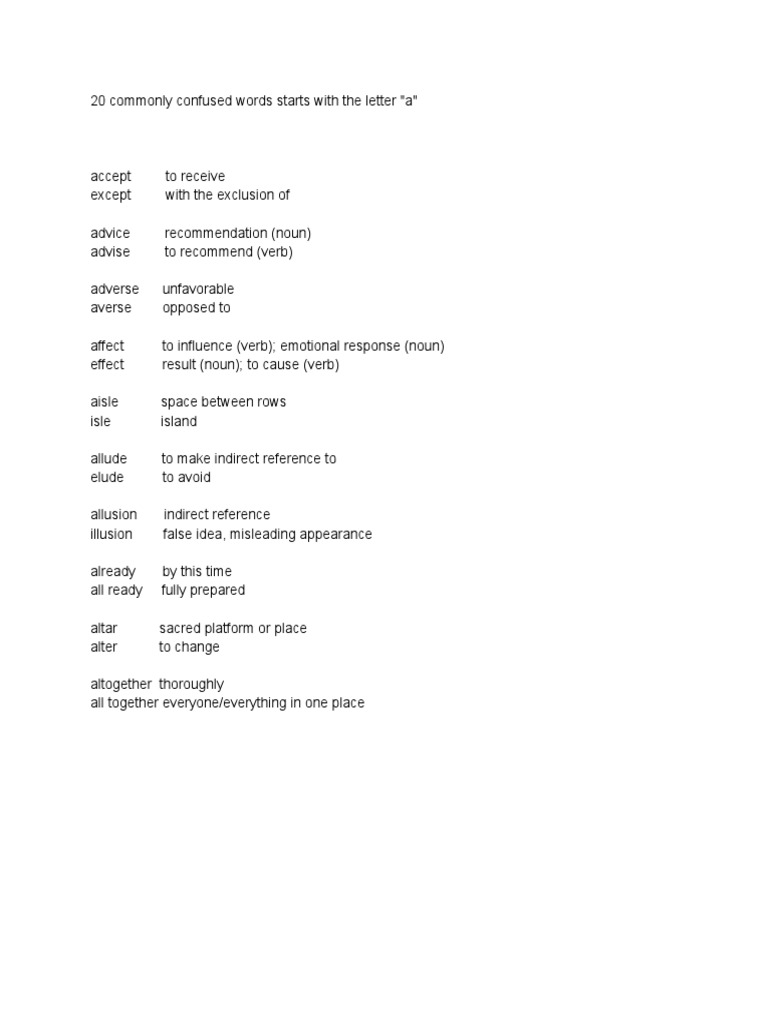 Confusing 'A' Words Explained | PDF