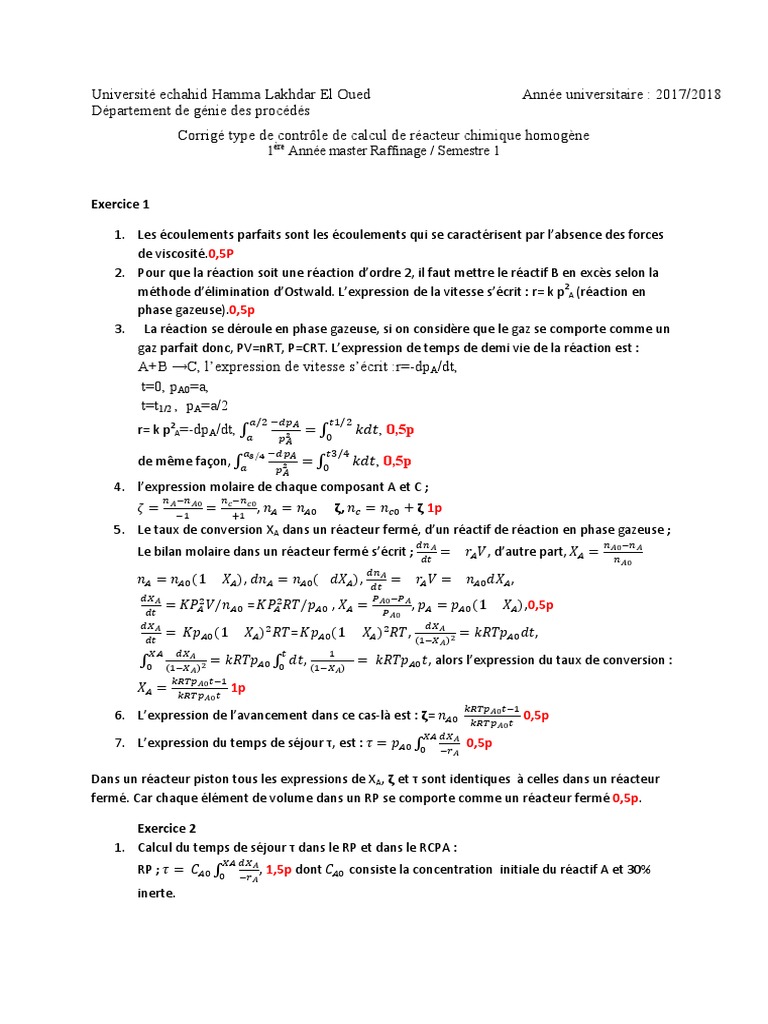 Correction de Reacteur Homogéne 17 | PDF | Réacteur (chimie ...