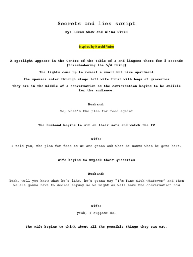 Secrets and Lies Script Inspired by Harold Pinter | PDF