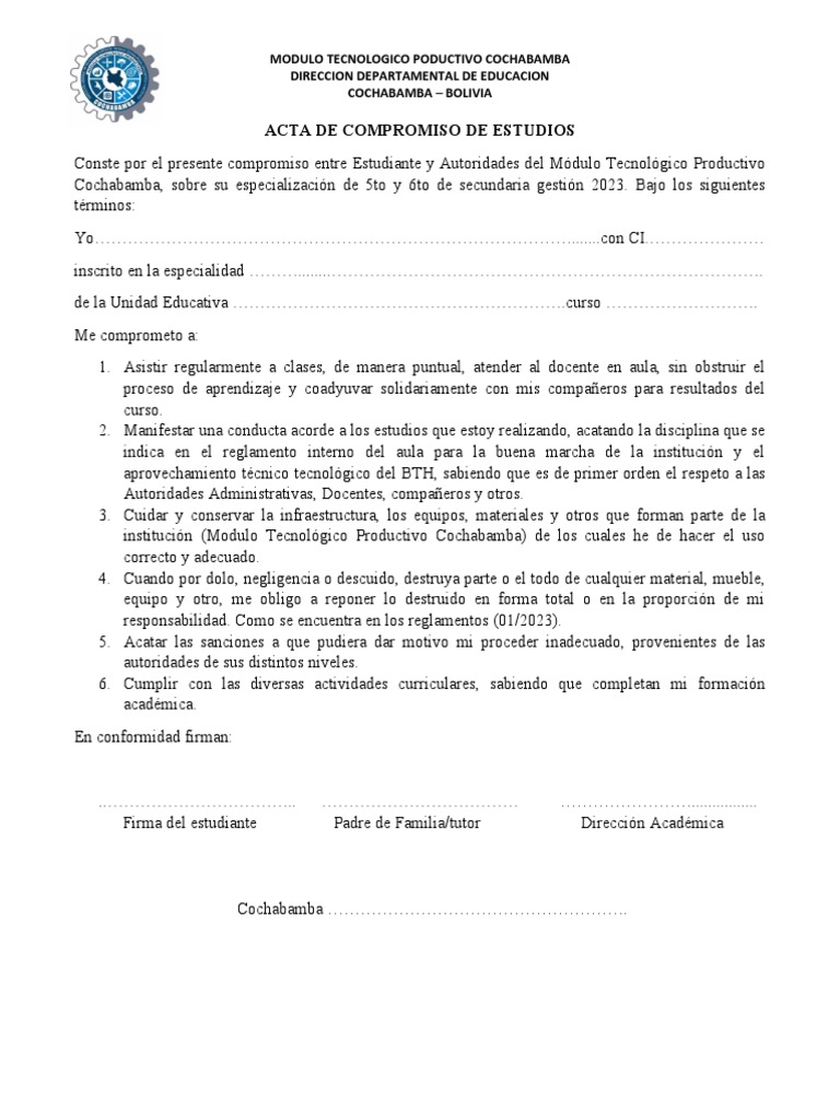 ACTA DE COMPROMISO DE ESTUDIOS ESTUDIANTE PDF